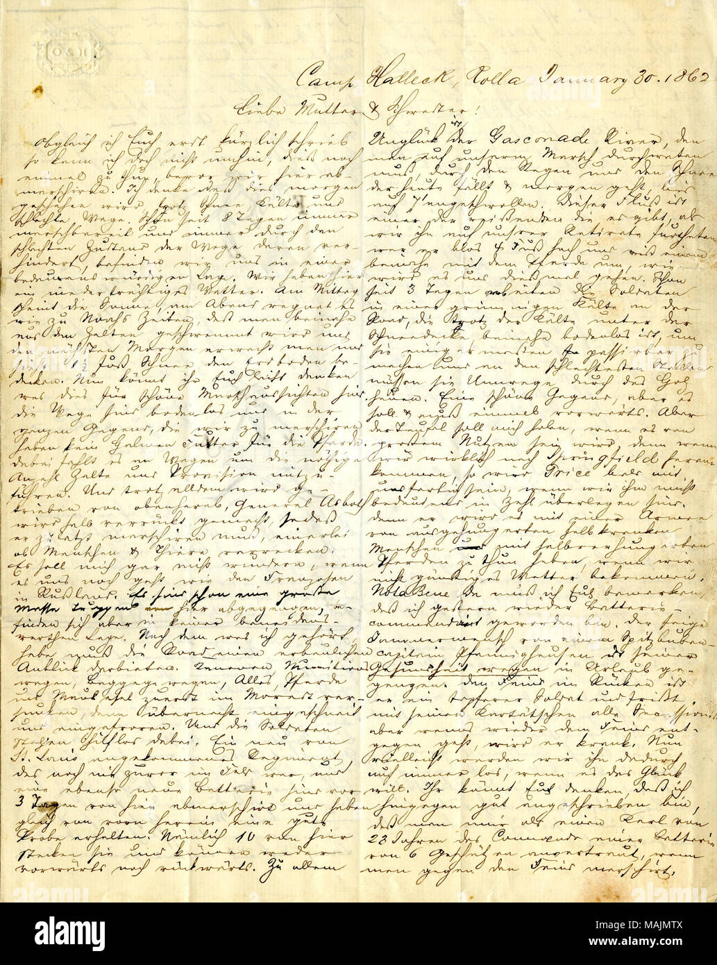 Beschreibt der winterlichen Witterung, die das Reisen erschweren. Mit typisierten Übersetzung in englischer Sprache. Titel: Brief unterzeichnet H. Voelkner, Camp Halleck, Rolla, Mo., seine Mutter und seine Schwester, 30. Januar 1862. 30. Januar 1862. Voelkner, Henry, ca. 1837-1883 Stockfoto