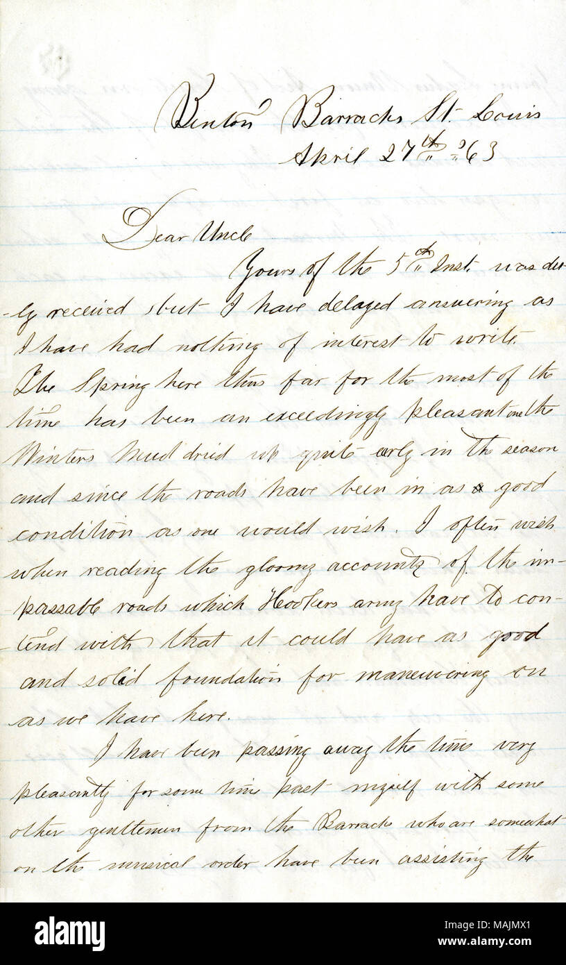 Erwähnt ein Charity Konzert der Damen Union Gesellschaft von St. Louis zum Nutzen der kranken und verwundeten Soldaten organisiert. Transkription: Benton Kaserne St. Louis 27. April 63 Lieber Onkel Ihr des 5 Inst wurde ordnungsgemäß empfangen, aber ich habe die Beantwortung verzögert, da ich nichts von Interesse zu schreiben gehabt haben. Der Frühling hier bisher für die meisten der Zeit, die ein wurde überaus angenehm die Winter Schlamm getrocknet bis ganz früh in der Saison und da die Strassen sind in einem guten Zustand, wie man es wünschen möchte ich oft beim Lesen der düsteren Konten der unpassierbare Straßen, die Hooke. Stockfoto