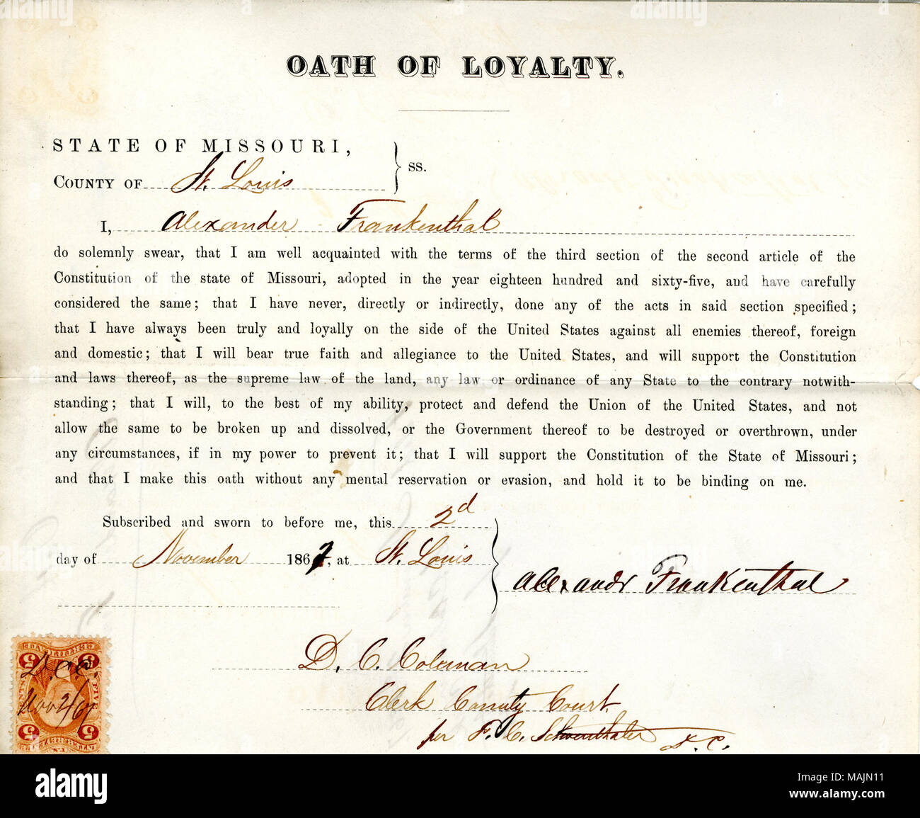 Schwört den Eid der Treue gegenüber der Regierung der Vereinigten Staaten und des Staates Missouri. Titel: Treue Schwur von Alexander Frankenthal von Missouri, Grafschaft von St. Louis. 2. November 1867. Frankenthal, Alexander Stockfoto