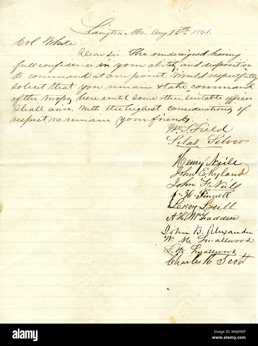 Staaten, "Der Unterzeichnete in volles Vertrauen in ihre Fähigkeit und Veranlagung an unserer Stelle auf Befehl würde respektvoll erbitten, daß sie bleiben und übernehmen Sie das Kommando über die Truppen hier, bis andere geeignete Officer ankommen soll. Mit der höchsten Überlegungen von Respekt, wir Freunde bleiben." Transkription: Lexington Mo Aug 25 1861 Col weiß Sehr geehrte Damen und Herren. Die Unterzeichnenden haben volles Vertrauen in ihre Fähigkeit und Veranlagung an einer Stelle auf Befehl würde respektvoll erbitten, daß sie bleiben und übernehmen Sie das Kommando über die Truppen hier bis ein anderer geeigneter Offizier mit der höchsten Con kommen soll Stockfoto