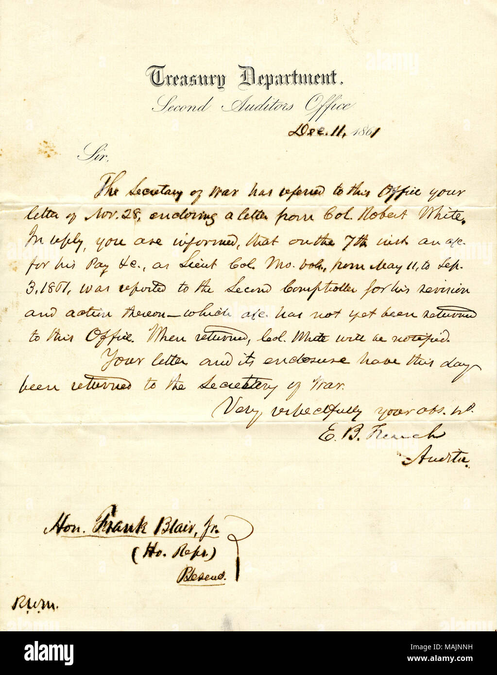 Ueber die Lieutenant Colonel Weiß. Transkription: Dec 11 1861 Sir, der Sekretär des Krieges hat zu diesem Büro bezeichnet ihr Schreiben vom 07.11.28, Brief von Oberst Robert Weiß. In der Antwort, werden Sie darüber informiert, dass Sie auf der 7. Inst. Ein a/c [Konto] für seine Zahlen &c., oder lieut Kol Mo Vol. Vom 11. Mai bis Sept. 3. 1861. wurde zur zweiten Rechnungsprüfer für seine Überprüfung und Aktion darüber berichtet? Die a/c [Konto] noch nicht an dieses Amt zurückgegeben wurde. Wenn zurückgegeben, Spalte Weiß werden benachrichtigt. Ihr Schreiben und seine Gehäuse haben an diesem Tag an den Sekretär des Krieges zurückgegeben wurde. Sehr res Stockfoto