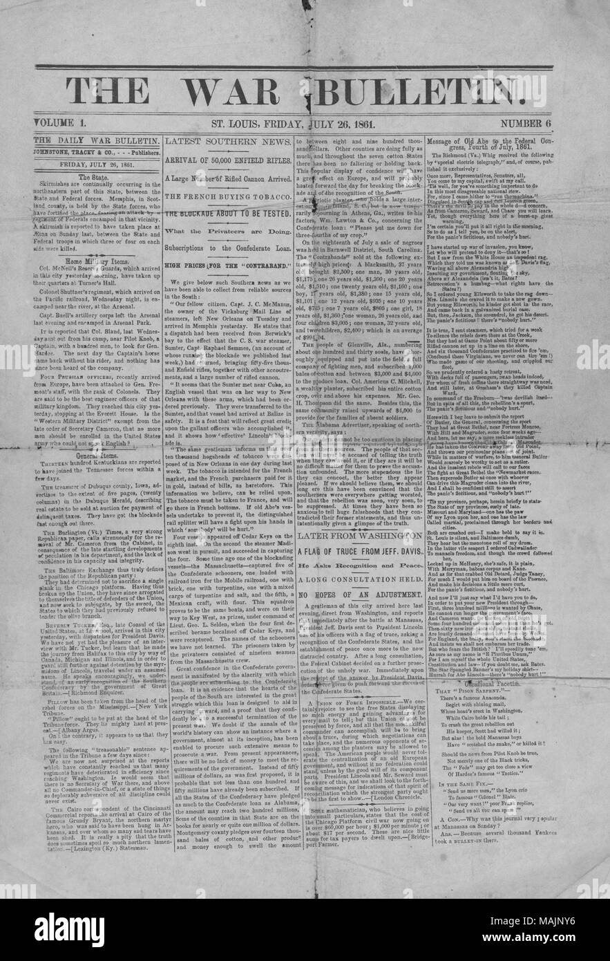 Enthält Nachrichten von Krieg und einen Brief von Jefferson Davis zu Abraham Lincoln, für die Anerkennung der Konföderierten Staaten von Amerika und zum Ende des Krieges. Titel: Zeitung Ausgabe der Krieg Bulletin, 26. Juli 1861. 26. Juli 1861. Krieg Bulletin Stockfoto