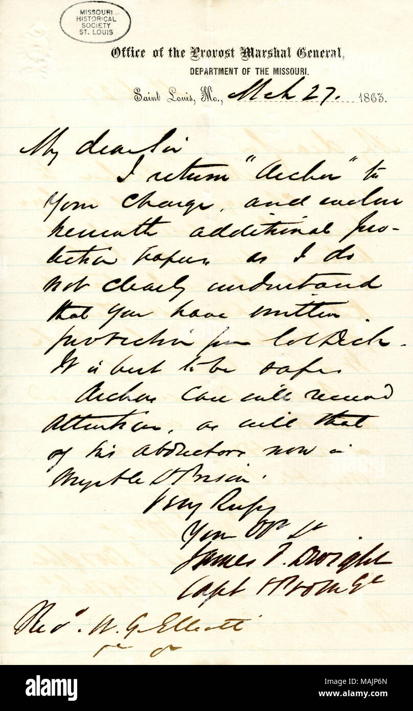 Mitgliedstaaten, Archer, ein schwarzer Mann als Sklave von Hickman Pitman von St. Charles in Anspruch genommen, wird unter William Eliot's Service bleiben, bis die Frage der Pitman Loyalität gegenüber der Union hergestellt wird. Titel: Erklärung, dass Archer Alexander unter dem Schutz der militärischen Behörden, Amt der Provost Marshal General, Abteilung des Missouri, Saint Louis, Mo, 27. März 1863. 27. März 1863. Dwight, James Stockfoto