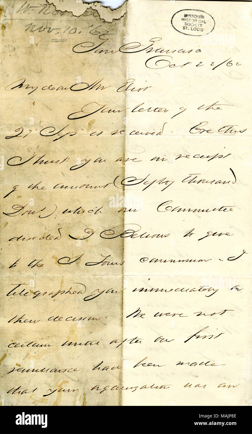 Sagt, dass sein Ausschuss 50 schickte tausend Dollar zu St. Louis; erklärt, dass er eine große Rolle bei der Entscheidung des Ausschusses, die das Geld zu senden gespielt, weil er glaubte, St. Louis für aufgrund ihrer Wertschätzung für das Leid und die Not der Union Armeen im Osten zur Verfügung gestellt werden sollten. Titel: Brief unterzeichnet William Norris, San Francisco, von Herrn Eliot [William G. Eliot], 22. Oktober 1862. 22. Oktober 1862. Norris, William Stockfoto