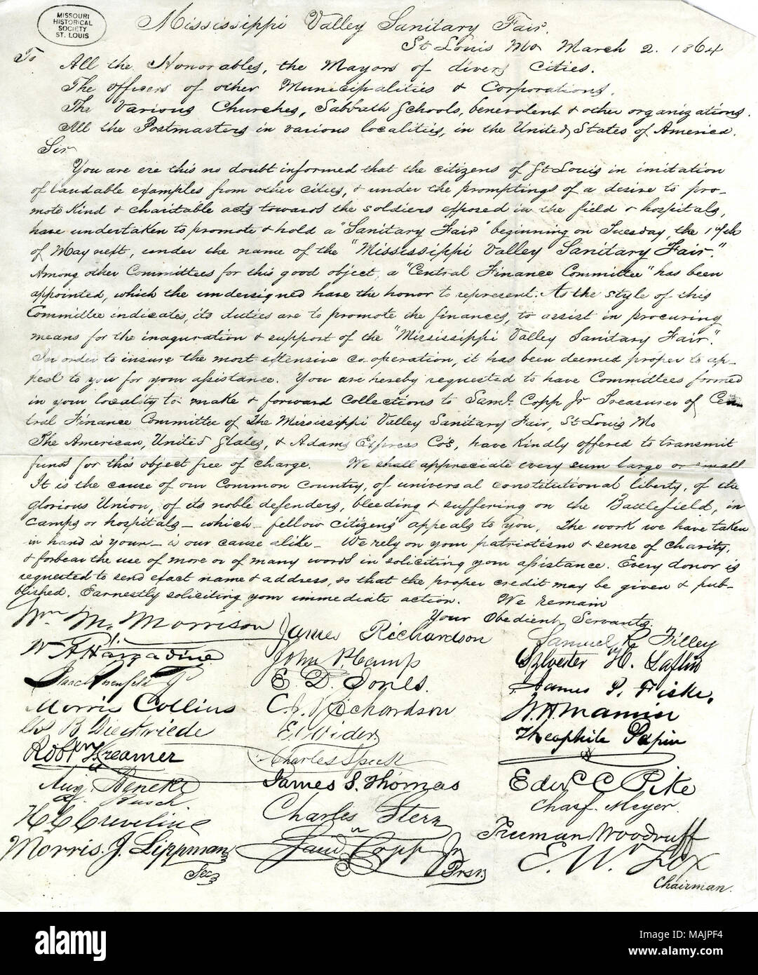 Mitgliedstaaten, dass St. Louis verpflichtet hat, ein Sanitär Messe am Dienstag, den 17. Mai zu halten als die Mississippi Valley Fair, und bittet. Transkription: Mississippi Valley Sanitär Messe St. Louis Mo März 2. 1864 Um alle Auszeichnungen, die Bürgermeister von Taucher Städte. Die Offiziere der anderen Gemeinden und Korporationen. Die verschiedenen Kirchen, Sabbat, Schulen, wohlwollende und anderen Organisationen. Alle die Postmeister in verschiedenen Gemeinden, in den Vereinigten Staaten von Amerika. Sehr geehrte Damen und Herren Sie sind hier diese kein Zweifel darüber informiert, dass die Bürger von St. Louis in der Nachahmung der lobenswerte Beispiele aus anderen Städten,&u Stockfoto
