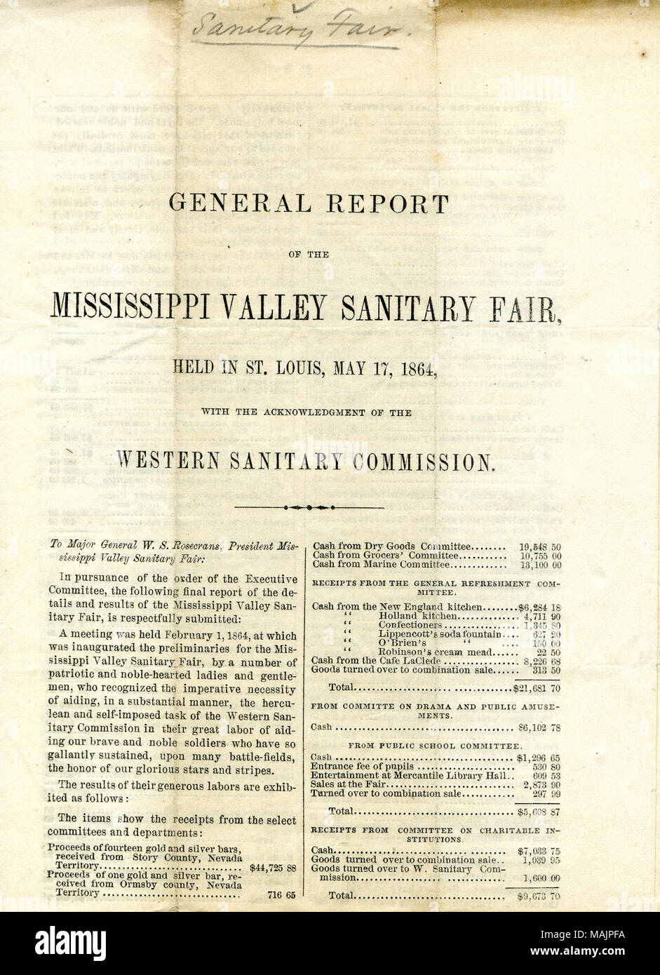 Berichte, dass die Messe ein großer Erfolg war, die in $ 554,491 $ 618,782.28 (nach Aufwand), Yeatman schreibt, dass diese Messe mehr Erfolgreich war als jeder andere Sanitär Messe in der Geschichte der USA, und schreibt die Kommission, dass der Erfolg ist eine sichere Anzeige von Patriotismus und Loyalität gegenüber der Union von allen, die beteiligt waren. Staaten, die einige der Gewinn ist bereits Beihilfe General Sherman und seine Heere. Titel: Gesamtbericht der Mississippi Valley Sanitär Messe von James Yeatman und die übrigen Westlichen Sanitär Kommission, 16. August 1864. 16. August 1864. Yeatman, James E., 1818-1901 Stockfoto