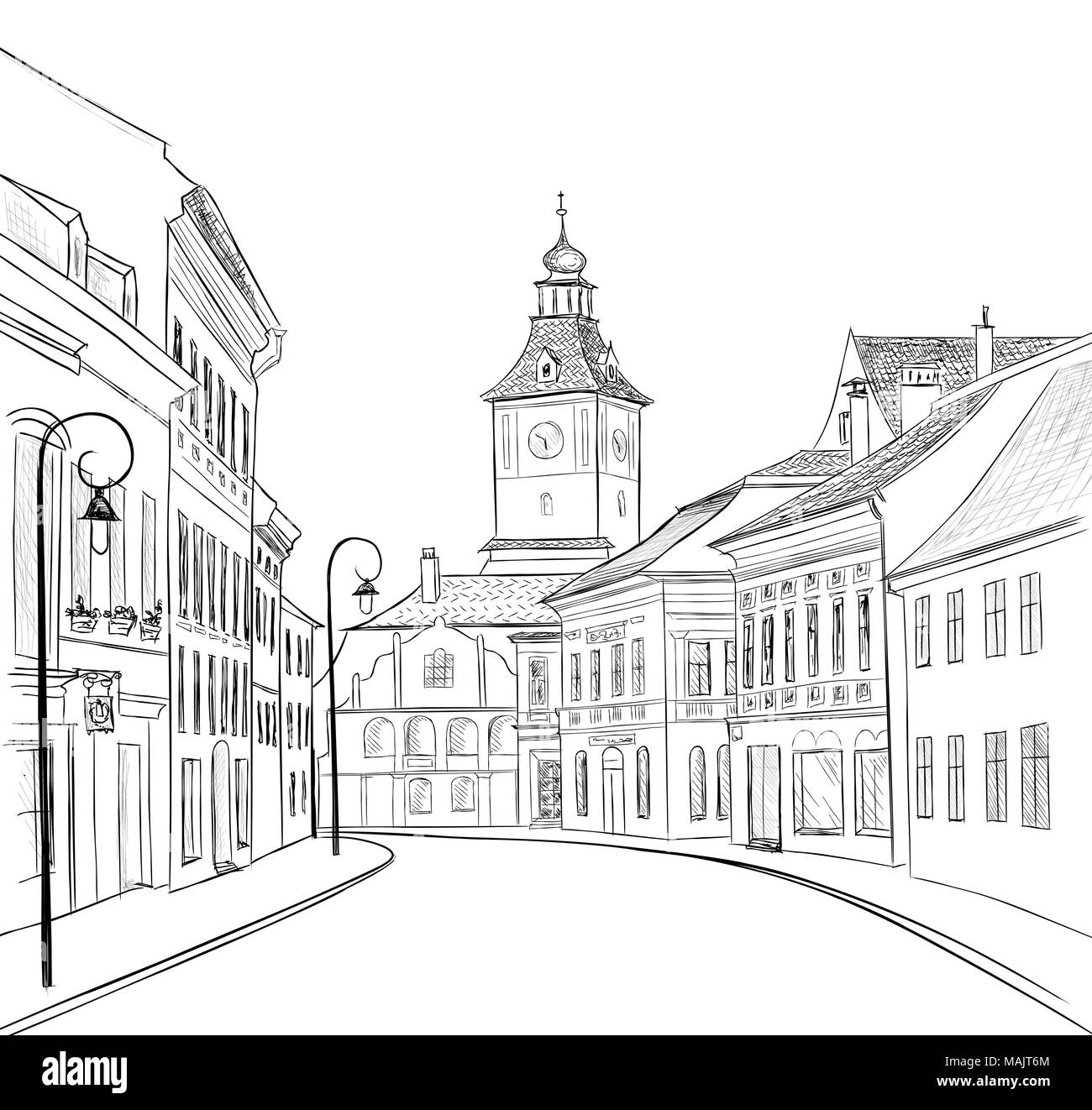 Straße in der Altstadt. Stadtbild - Häuser, Gebäude auf der Gasse. Blick auf die Altstadt. Mittelalterlichen europäischen schloss Landschaft. Hand Skizze gezeichnet Stock Vektor