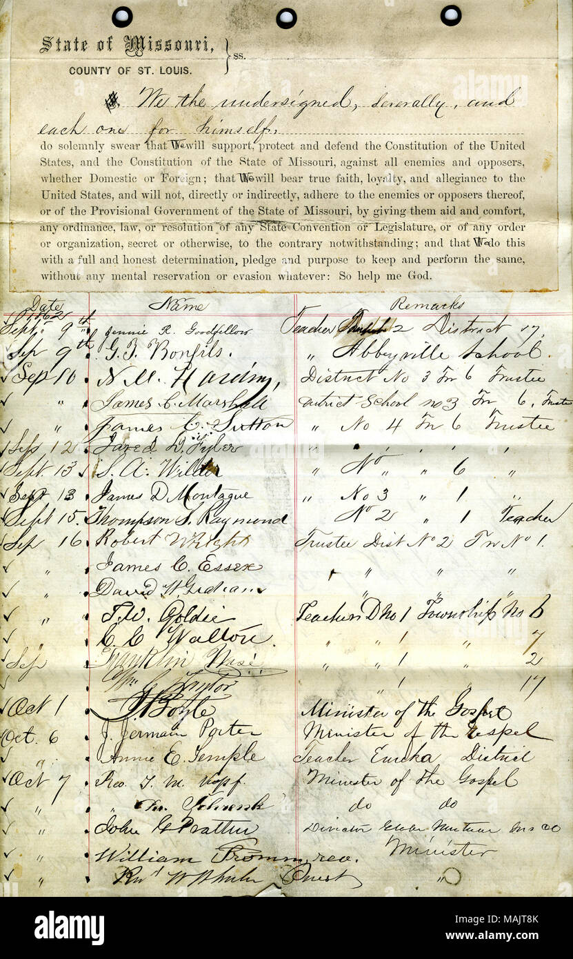 Schwört den Eid der Treue gegenüber der Regierung der Vereinigten Staaten und des Staates Missouri. Titel: Loyalität Eid durch verschiedene Lehrer und Minister unterzeichnet, St. Louis. . Zwischen 1862 und 1863. Stockfoto