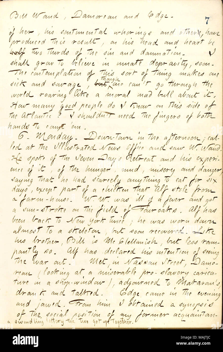 Über ein Gespräch mit William Waud über und Alf's Krieg Erfahrungen. Titel: Thomas Butler Gunn Tagebücher: Band 21, Seite 11, 5. Oktober 1862. 5. Oktober 1862. Gunn, Thomas Butler, 1826-1903 Stockfoto