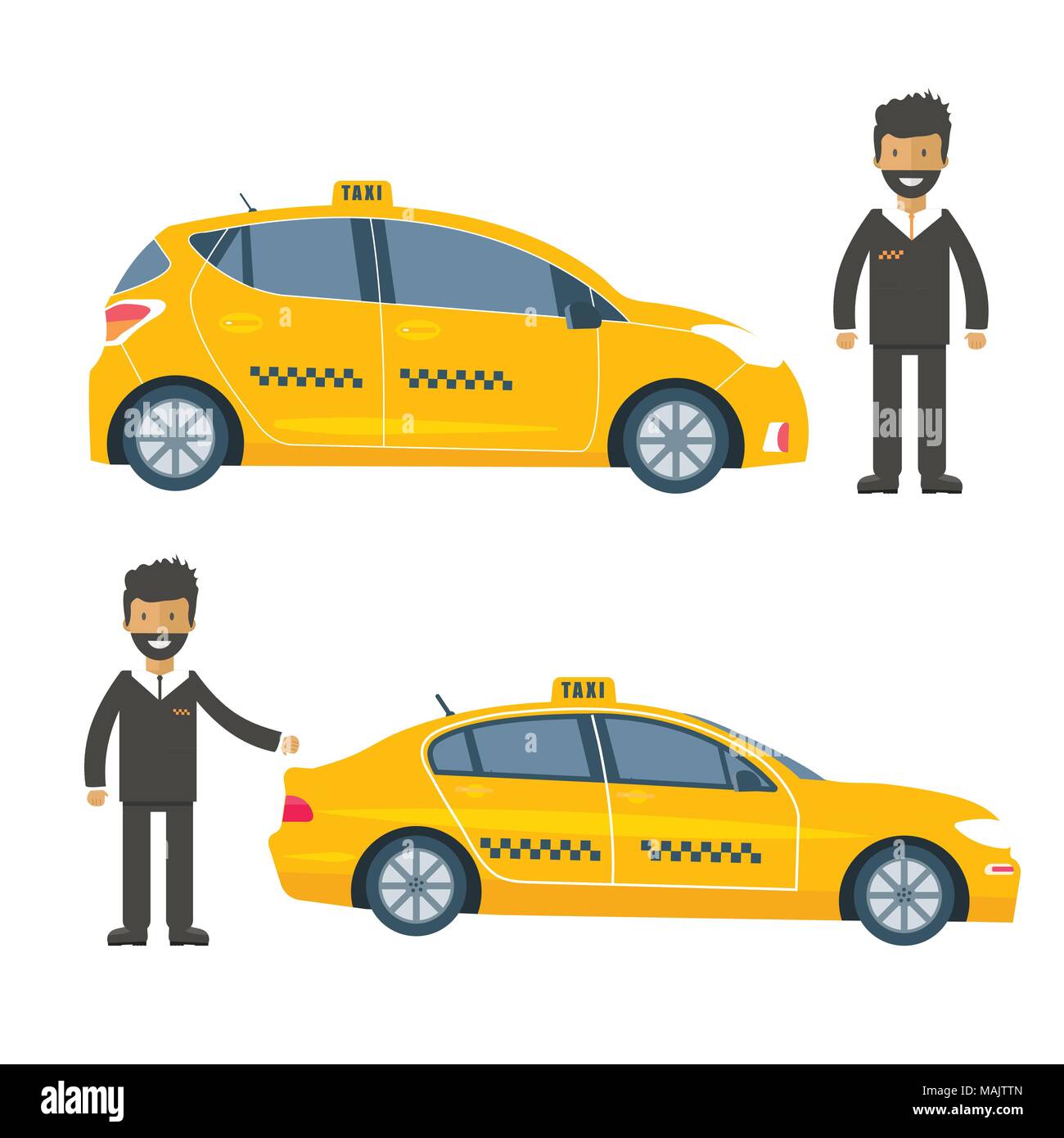 Maschine gelbes Taxi mit Fahrer. Öffentliches Taxi Service Konzept. Flache Vector Illustration. Stock Vektor