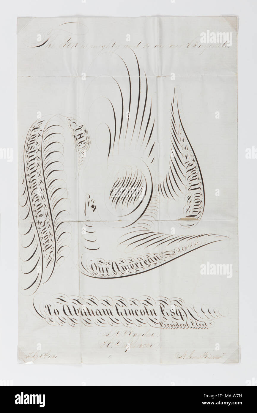 Handschriftliche Zeichnung erklärt, dass "die Feder ist mächtig und so sind auch unsere Bajonette," stellte der designierte Präsident Abraham Lincoln im Jahre 1861. Die Zeichnung, die auch mit einem Adler mit den Worten: "Die Verfassung oder das Schwert! Unsere Amerikanischen Union Ganze!" Auf seine Flügel wurde von Seth D. Hayden abgeschlossen und Henry C. Spencer, dessen Vater, Platt Rogers Spencer, der Spencerian Methode der Schreibkunst entwickelt. Titel: Feder und Tusche kalligrafische Zeichnen, "Die Feder ist mächtiger und so sind auch unsere Bajonette". 1861. Spencer, H. C. (Henry Kaleb), 1838-1891 Stockfoto