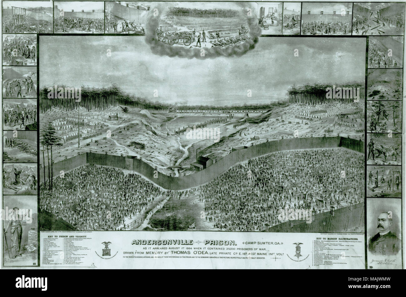 Foto von einem Druck- oder Skizze von Andersonville, Ga. Im Vordergrund ist ein eingezäuntes Gebiet, wo die Gefangenen gehalten wurden, und im Hintergrund ist die Konföderierten Lager. Zeichnung wird durch kleinere Bilder der Gefangenenlager leben und der Schlüssel für die Zeichnung und Marge Illustrationen umgeben. "ANDERSONVILLE GEFANGENENLAGER SUMTER, GA.' (auf Drucken unter Image geschrieben). Es gibt andere Beschreibungen nach dem Titel. Titel: "andersonville Gefangenenlager Sumter, GA." Zwischen 1861 und 1865. Stockfoto