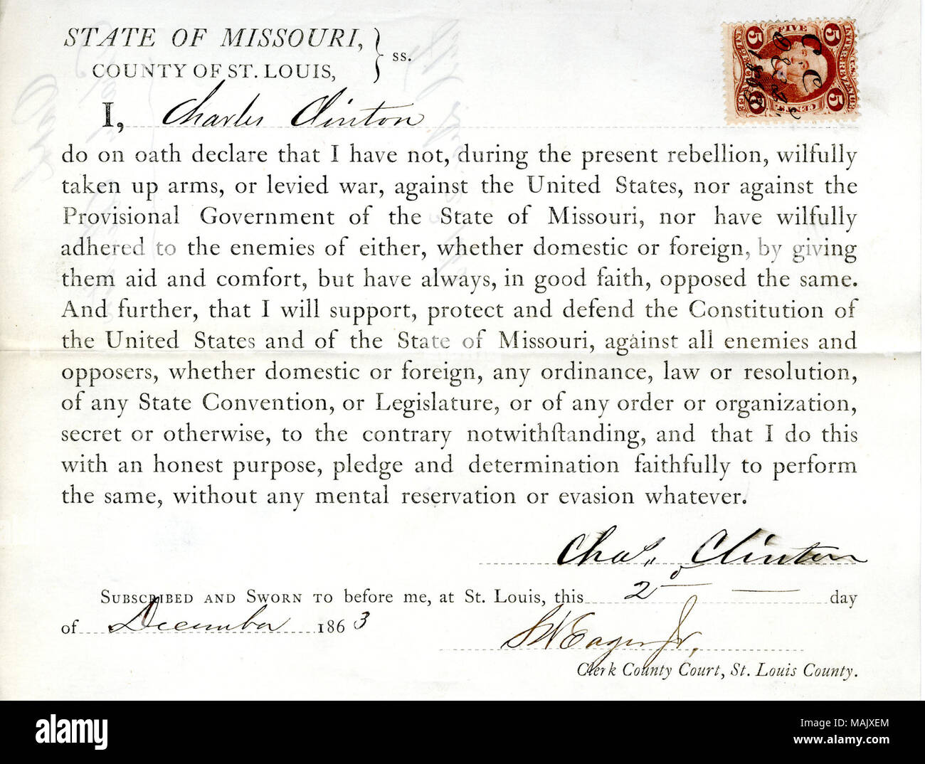 Schwört den Eid der Treue gegenüber der Regierung der Vereinigten Staaten und des Staates Missouri. Titel: Treue Schwur von Charles Clinton von Missouri, Grafschaft von St. Louis. 2. Dezember 1863. Clinton, C. Stockfoto