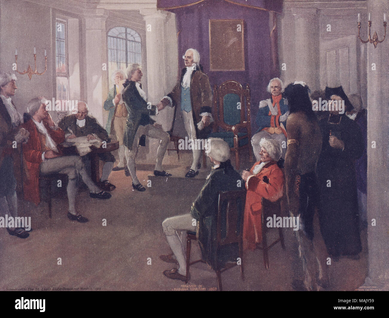 Horizontaler Versatz Lithographie von 'Historische Bilder in Zusammenhang mit den Louisiana Purchase', der die Übertragung des Louisiana Gebiet aus dem Französischen für die Amerikaner. Titel: "Übertragung des Louisiana Gebiet in New Orleans, 1803.". . 2. März 1902. Nationale Farbtyp Co. Stockfoto