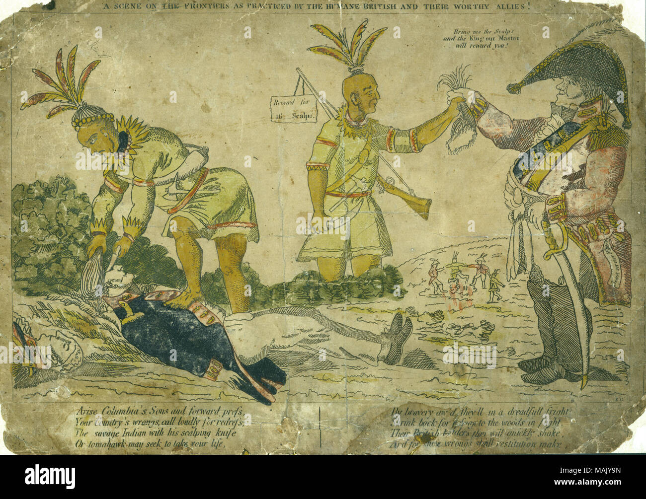 Horizontale handcolorierte Kupferstich zeigt ein britischer Offizier, Indianer zu Kopfhaut und amerikanischer Soldat. Es ist ein Gedicht unter dem Bild. Der Titel wird oben auf der Seite.. Titel: "eine Szene auf der Binnengrenzen durch die Humane Briten und ihrer Verbündeten würdig!'. ca. 1812 praktiziert. LG nach William Charles Stockfoto Horizontale handcolorierte Kupferstich zeigt ein britischer Offizier, Indianer zu Kopfhaut und amerikanischer Soldat. Es ist ein Gedicht unter dem Bild. Der Titel wird oben auf der Seite.. Titel: "eine Szene auf der Binnengrenzen durch die Humane Briten und ihrer Verbündeten würdig!'. ca. 1812 praktiziert. LG nach William Charles Stockfoto