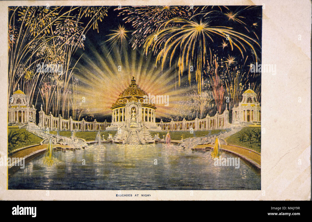 Künstlerische Ansicht der Kaskaden, Festsaal und Kolonnade von Staaten von Ost nach West Restaurant Pavillon, Feuerwerk platzen über alle strahlen strahlen von Dome Titel: 'Kaskaden in der Nacht.". 1904. Stockfoto