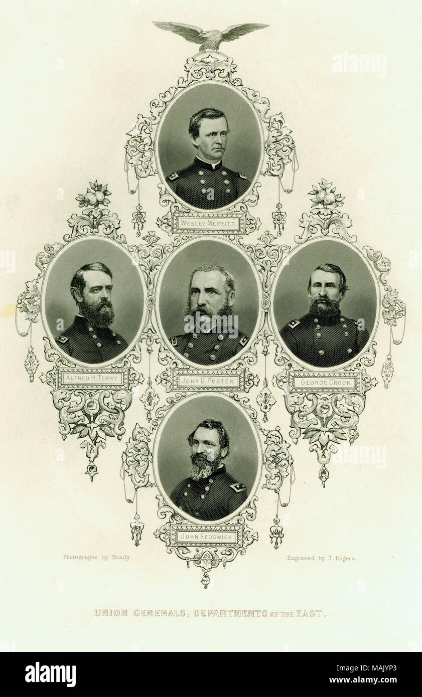 Drucken der Büste Porträts von fünf Union Generäle. Themen sind u.a. die Generäle Wesley Merritt, Alfred H. Terry, John Foster, George Crook, und John Sedgwick. Namen sind unter Porträts gedruckt. "UNION GENERALE, ABTEILUNG DES OSTENS." (Abbildung unten). ' Aus: Der große Bürgerkrieg - Vol. III. von Robt. Tomes, M.D., Benjamin G. Smith New York Tugend und Yorston 12 Dey [?] Street' (auf der Rückseite). Von der "Großen Bürgerkrieg, Bd.III übernommen." von Robert Tomes, M.D. und Benjamin G. Smith. Buch wurde von Tugend und Yorston, 1865 veröffentlicht. Titel: "Union Generale, Abteilung des Ostens." ( Stockfoto