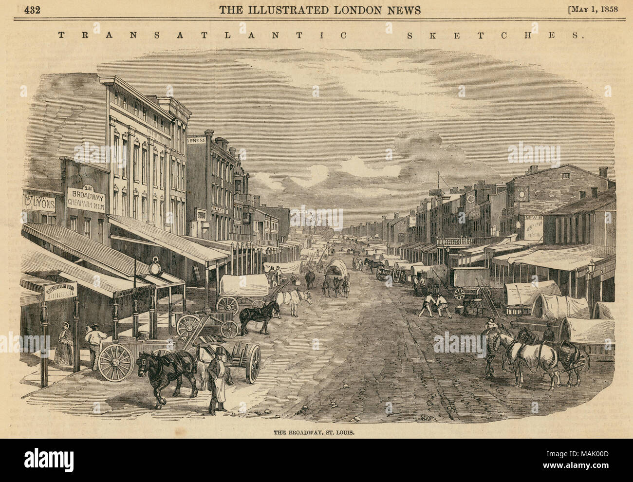 Horizontale Holzstich aus der Illustrated London News, Seite 432, vom 1. Mai 1858, in der die Straße Szene des Broadway in St. Louis. Geschäfte Linie auf beiden Seiten der Straße und Pferde und gedeckte Güterwagen sind vor den Geschäften geparkt, Gebäude mit Glasfassade durch überdachte Bürgersteige. Seite schließt auch die Gravur von St. Louis Mercantile Bibliothekssaal. Titel: "Der Broadway, St. Louis.". 1. Mai 1858. Stockfoto