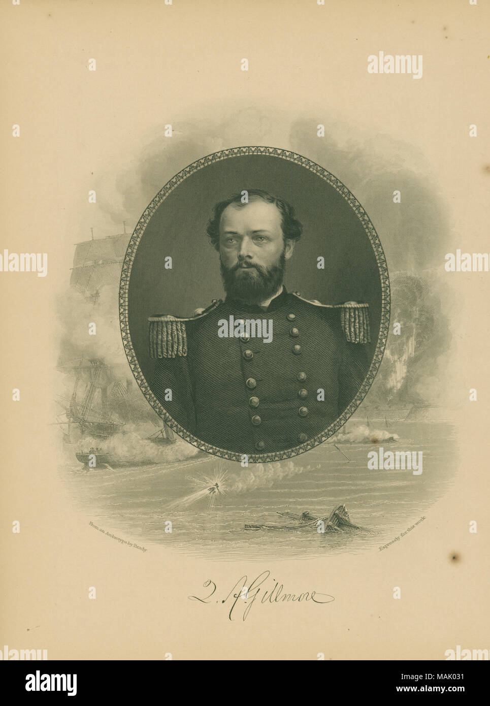 Büste Porträt eines Mannes in Uniform mit einem Bild einer Seeschlacht Szene im Hintergrund. "Q. A. Gillmore' (Unterschrift unten Bild gedruckt). ' Aus: Der große Bürgerkrieg - Vol. III von Robt. Tomes, M.D., Benjamin G. Smith New York Tugend und Yorston 12 Dey [?] Street' (auf der Rückseite). Von der "Großen Bürgerkrieg, Bd.III übernommen." von Robert Tomes, M.D. und Benjamin G. Smith. Buch wurde von Tugend und Yorston, 1865 veröffentlicht. Titel: Q.a. Gillmore, Navy (Union). . 1865. Brady Stockfoto