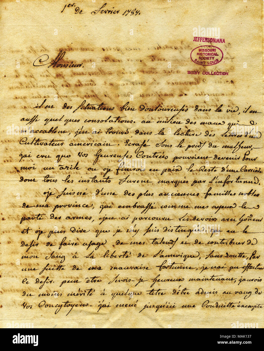 Erzählt seine Lebensgeschichte und fragt, ob er eine Amerikanische werden sollte. Titel: Brief unterzeichnet De Puisaye, Thomas Jefferson, 1. Februar 1787. 1. Februar 1787. Stockfoto