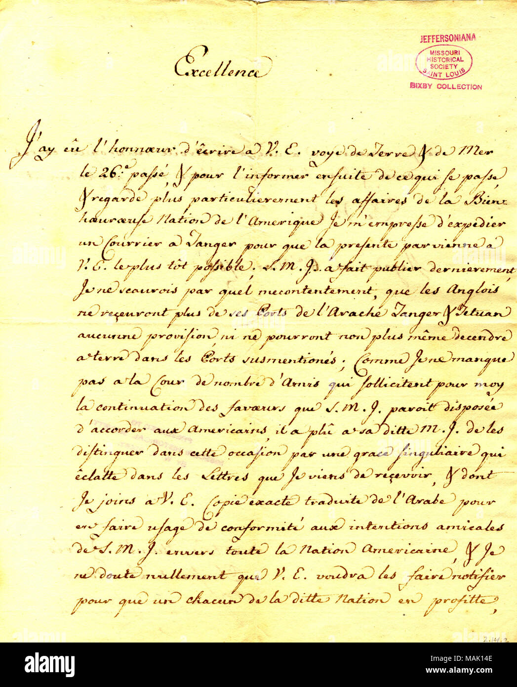 Die Häfen von Marokko sind englische Schiffe geschlossen, aber anscheinend nicht auf amerikanischen Schiffen. Titel: Brief unterzeichnet Guiseppe Chiappe, Mogador, zu Thomas Jefferson, 6. März 1788. 6. März 1788. Chiappe, Guiseppe Stockfoto