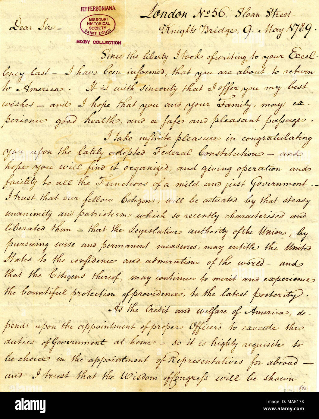 Wünsche Jefferson safe passage zurück in die Vereinigten Staaten, und beglückwünscht ihn zu der Annahme der Verfassung. Titel: Brief unterzeichnet Richard Claiborne, London, Thomas Jefferson, Paris, 9. Mai 1789. 9. Mai 1789. Claiborne, Richard Stockfoto