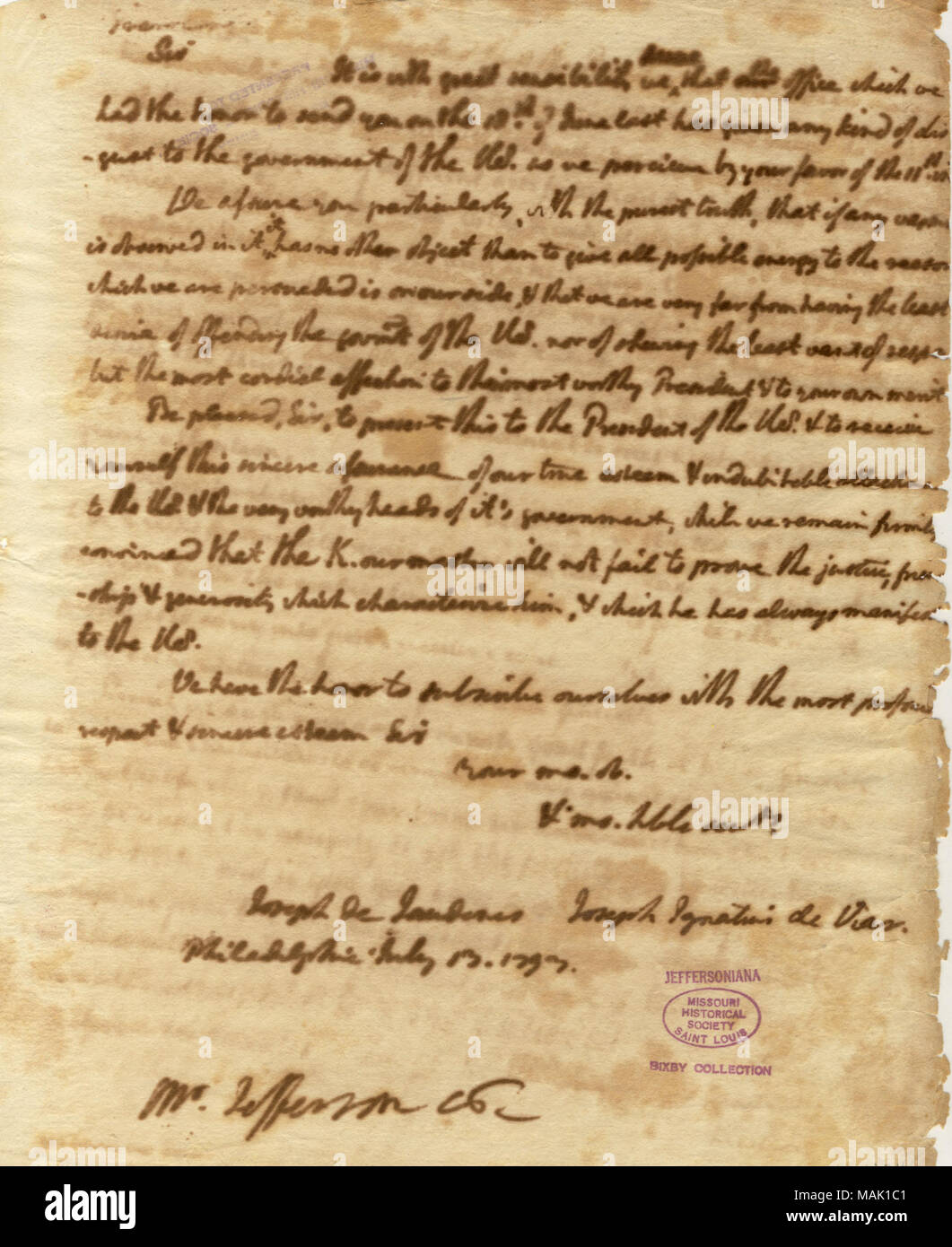 Mitgliedstaaten, dass sie keine Lust haben die Regierung der Vereinigten Staaten zu beleidigen, und dass sie nur auf der Suche nach spanischen Interessen. Titel: Schreiben der Firma de Jaudenes und Josef Ignacio de Viar zu Thomas Jefferson, Juli 13, 179. 13. Juli 1793.de Jaudenes, Josef Stockfoto
