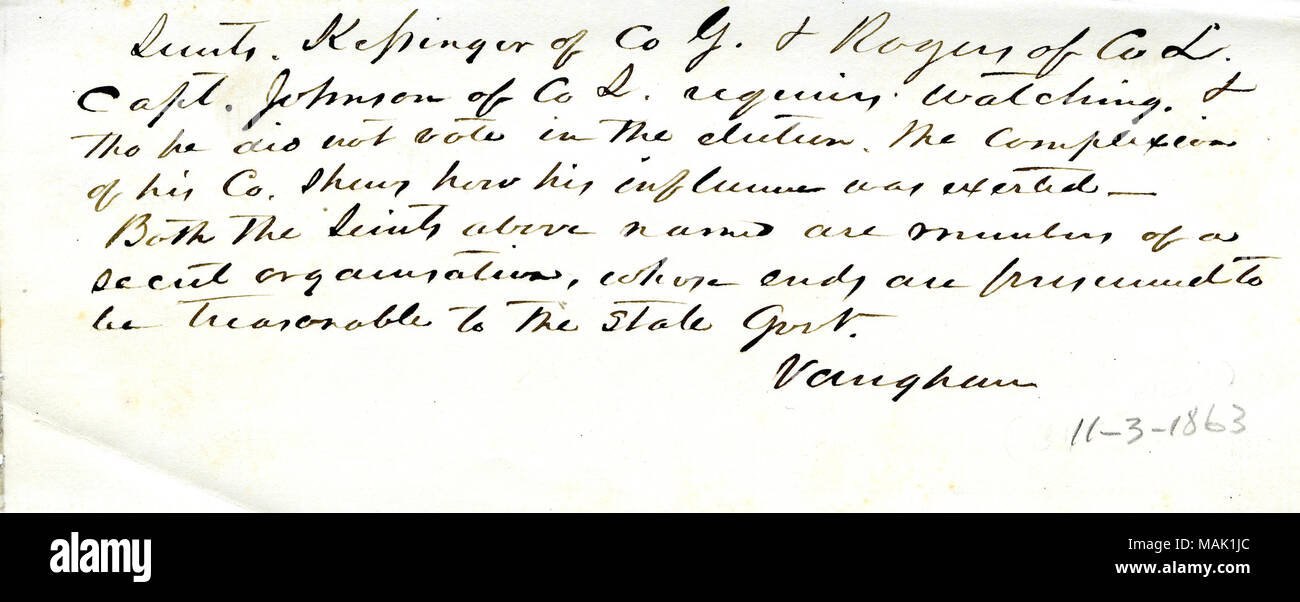 Anmerkung von Vaughan, 3. November 1863. 3. November 1863. Vaughan, Richard C. Stockfoto