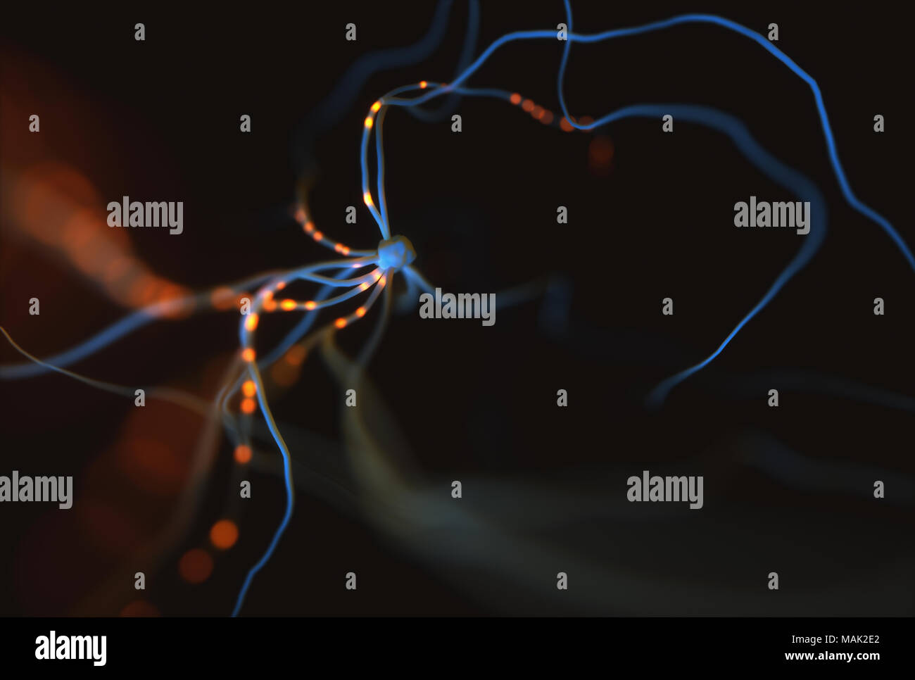 3D Darstellung der vernetzten Neuronen mit elektrischen Impulsen. Stockfoto