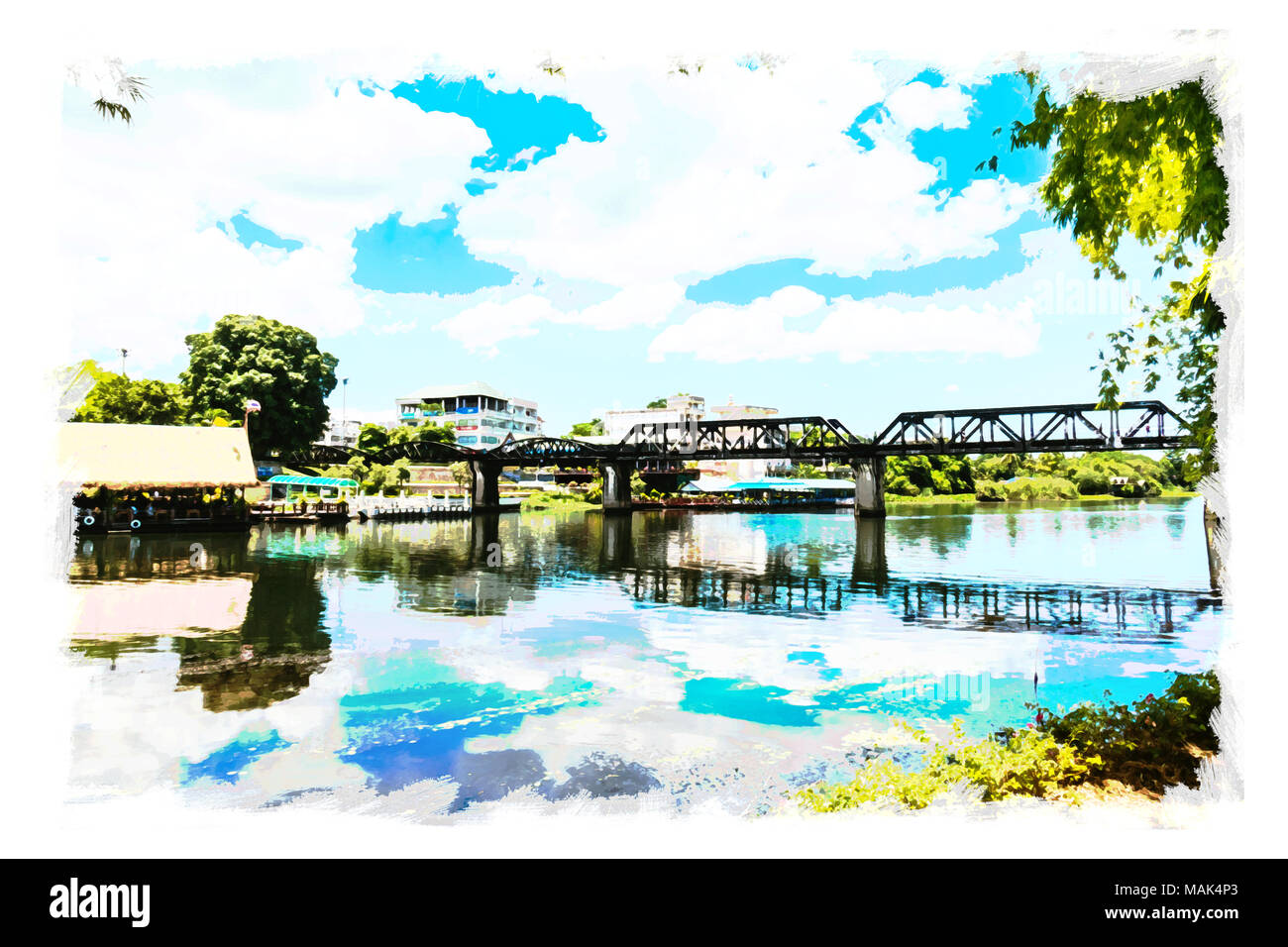 Aquarell von Brücke am River Kwai, Provinz Kanchanaburi, Thailand auf Aquarellpapier, lebendige Farben filter Effekt, grunge Foto Stil. Stockfoto