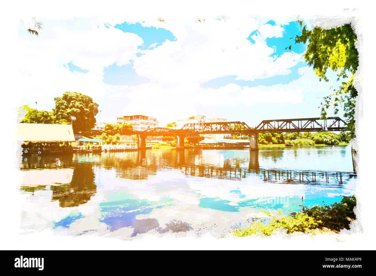 Aquarell von Brücke am River Kwai, Provinz Kanchanaburi, Thailand auf Aquarellpapier, lebendige Farben filter Effekt, grunge Foto Stil. Stockfoto