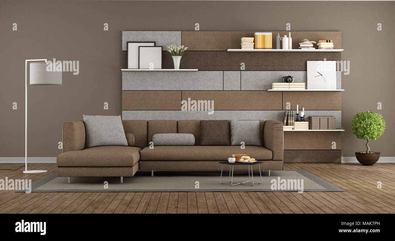 moderne braun und grau wohnzimmer mit sofa und und stoffbahn whit