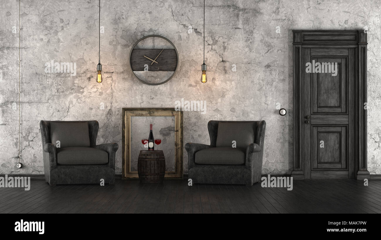 Schwarze und weiße Einrichtung mit Ledersessel und geschlossene Tür - 3D-Rendering Stockfoto