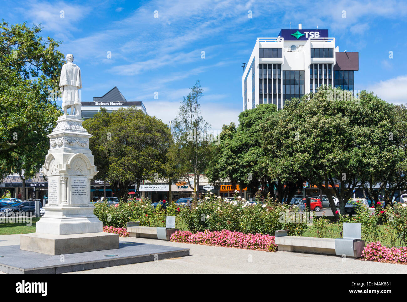 Neuseeland Palmerston North Zentrum Denkmal für Te Peeti Te Aweawe Marmor statue den Platz Neuseeland North Island. Stockfoto