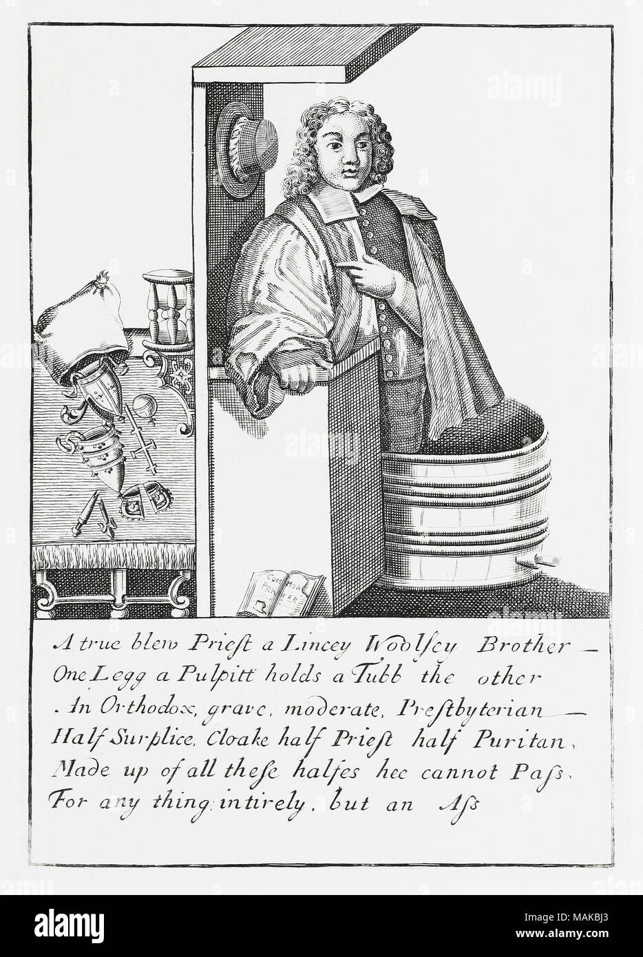 Gilbert Burnet, 1643-1715. Bischof von Salisbury, akademischen, Historiker. Hier als "Trimmer", Wer hat einen Fuß in beiden Lagern dargestellt. Er ist halb so ein PURITANISCHER und halb so eine Anglikanische gekleidet. Von der Woodburn Galerie von seltenen Porträts, veröffentlicht 1816. Stockfoto