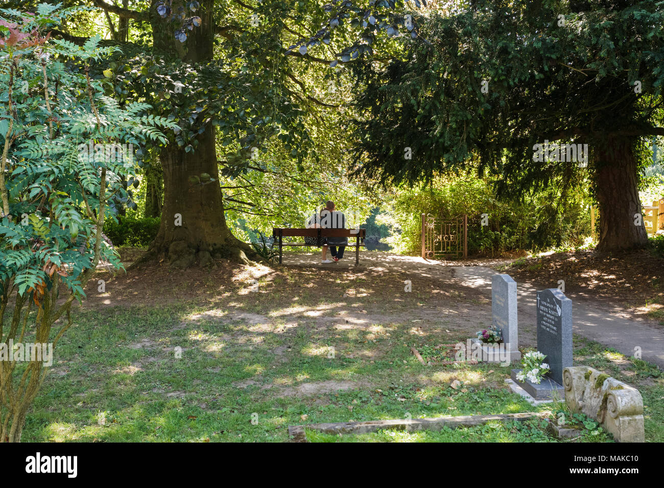 Ein paar sitzen auf einer Bank unter den Bäumen auf einem Sommertag Stockfoto