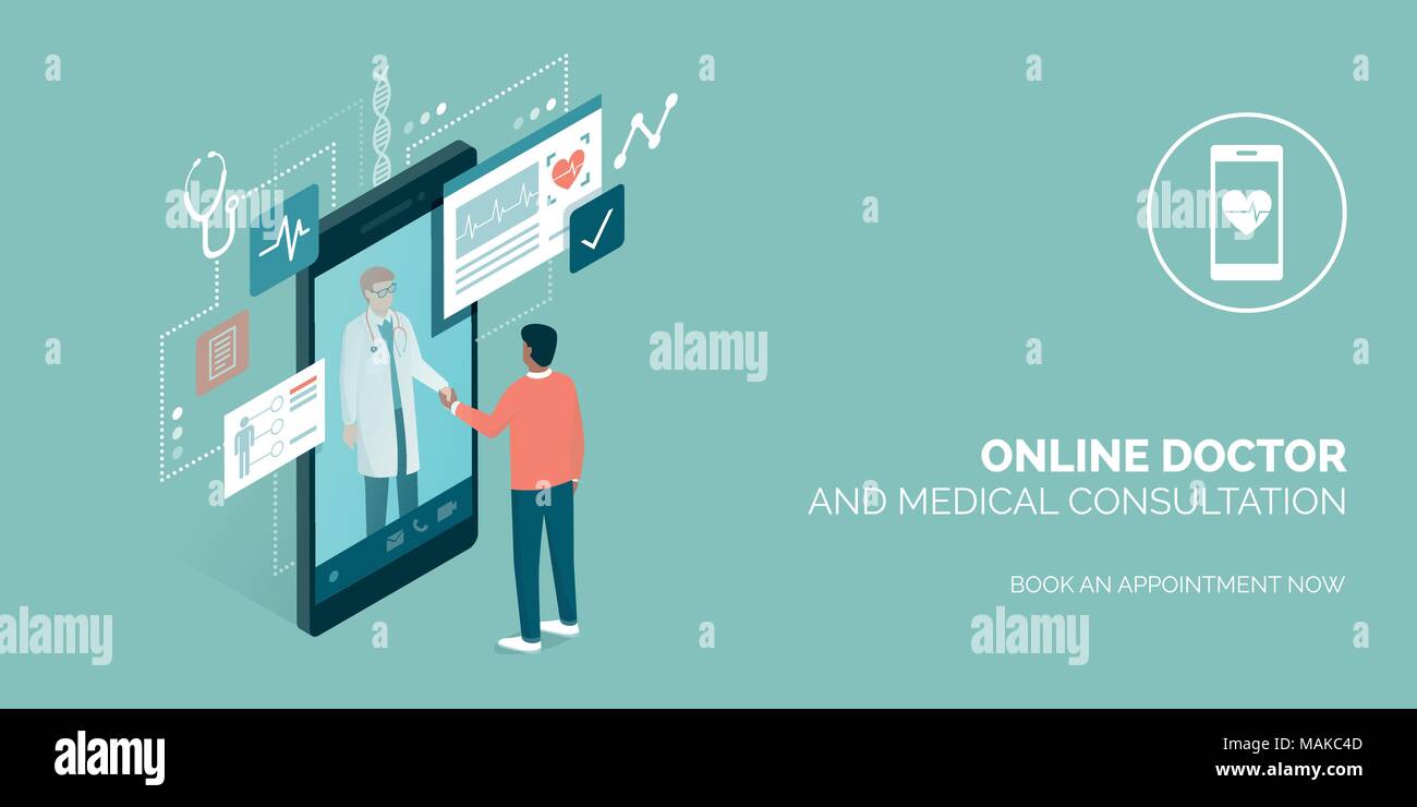 Patienten treffen eine professionelle Arzt online auf einem Smartphone und Händeschütteln, online medizinische Beratung Konzept Stock Vektor