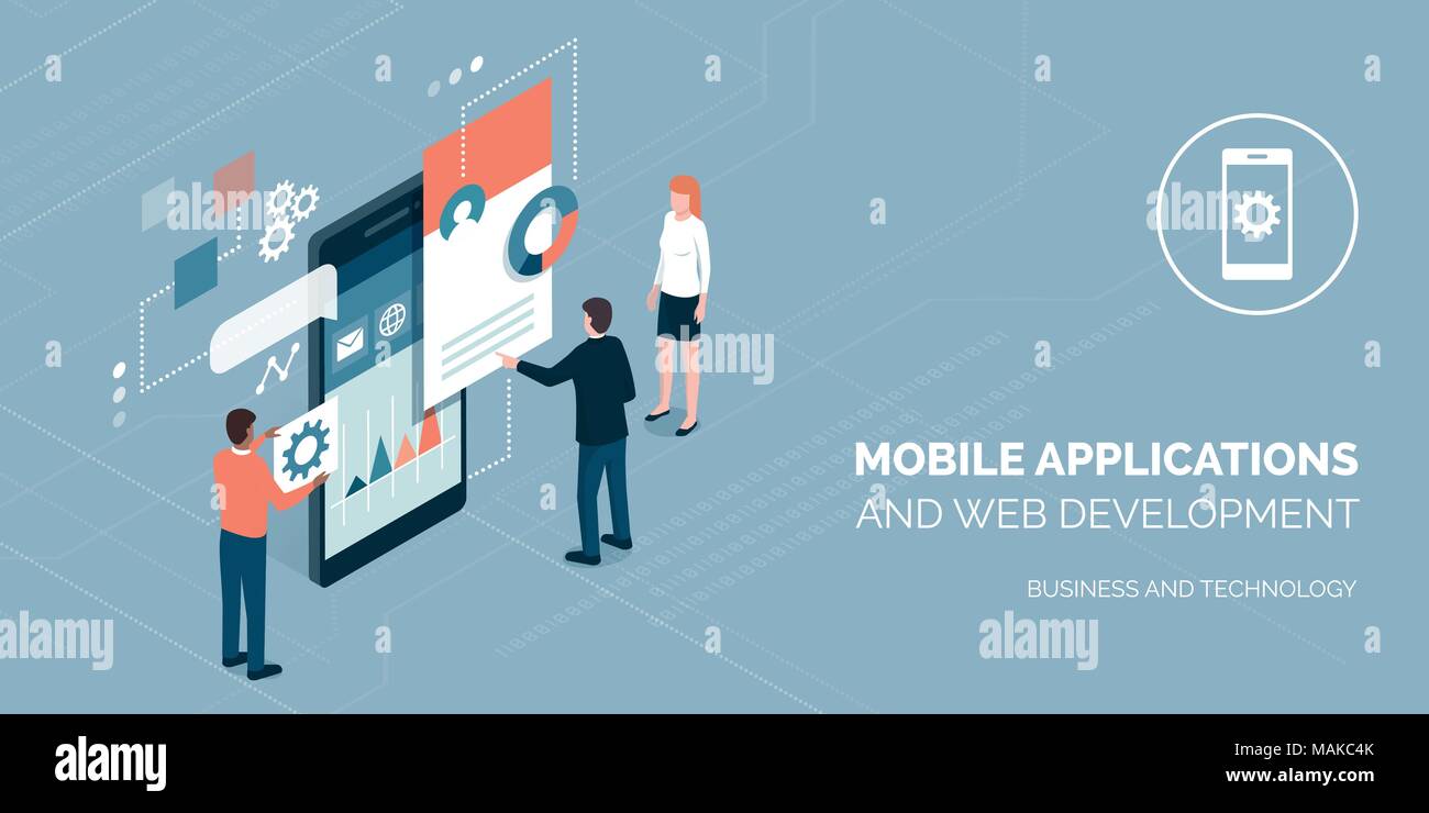 Entwickler von Mobile Apps und gemeinsam eine Benutzeroberfläche, Kommunikation und Technik Konzept Stock Vektor