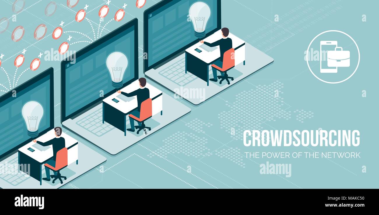 Geschäftsleute und Freiberufler online arbeiten und Entgegennahme von Zahlungen: Crowdsourcing und Telearbeit Konzept Stock Vektor