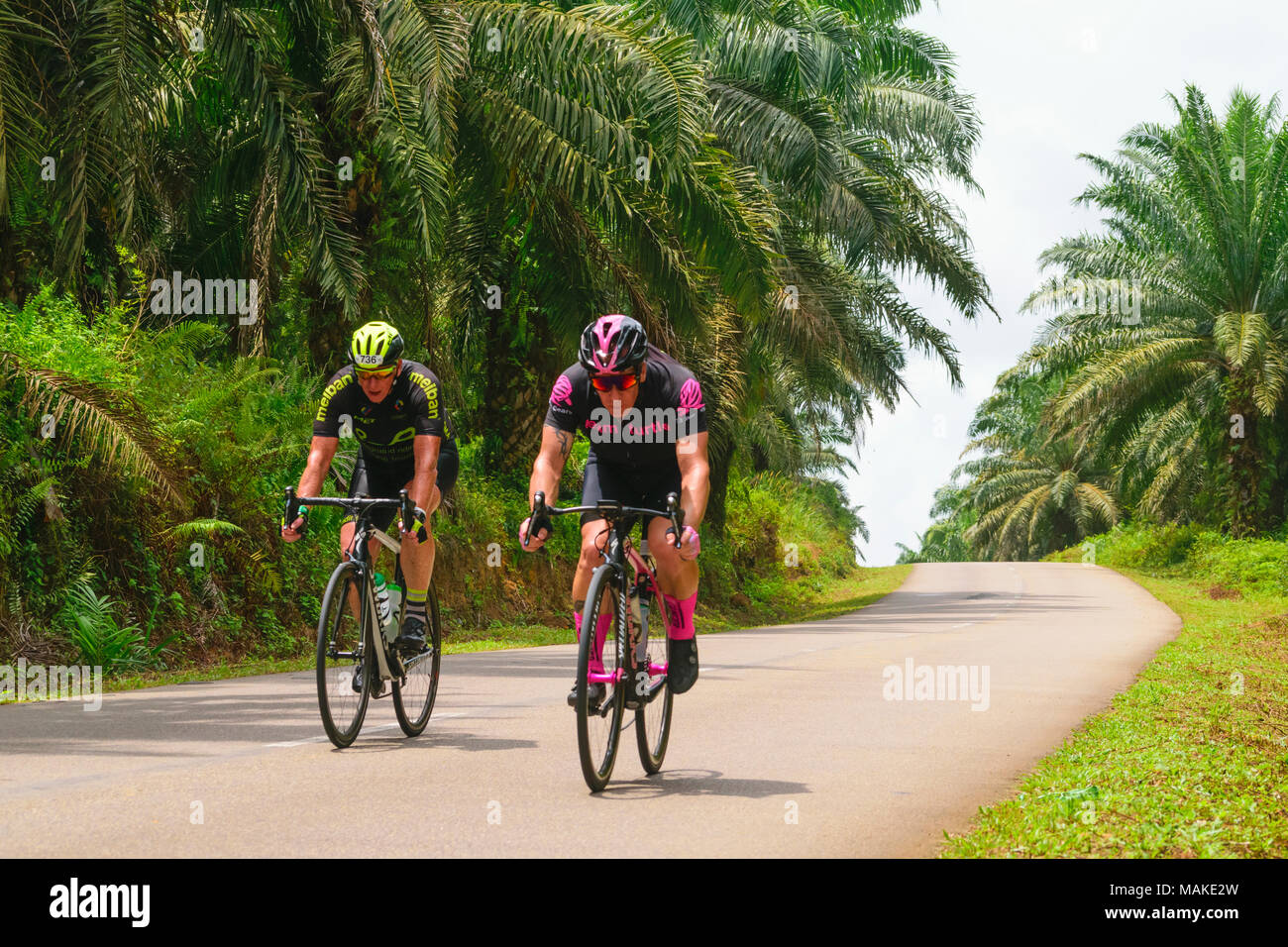 März 24, 2018 - Radfahrer Teilnehmer Tour de Bintan 2018 (144 km) Fahrt über die Plantagen und Toapaya Galang batang, Bintan Island - Indonesien Stockfoto
