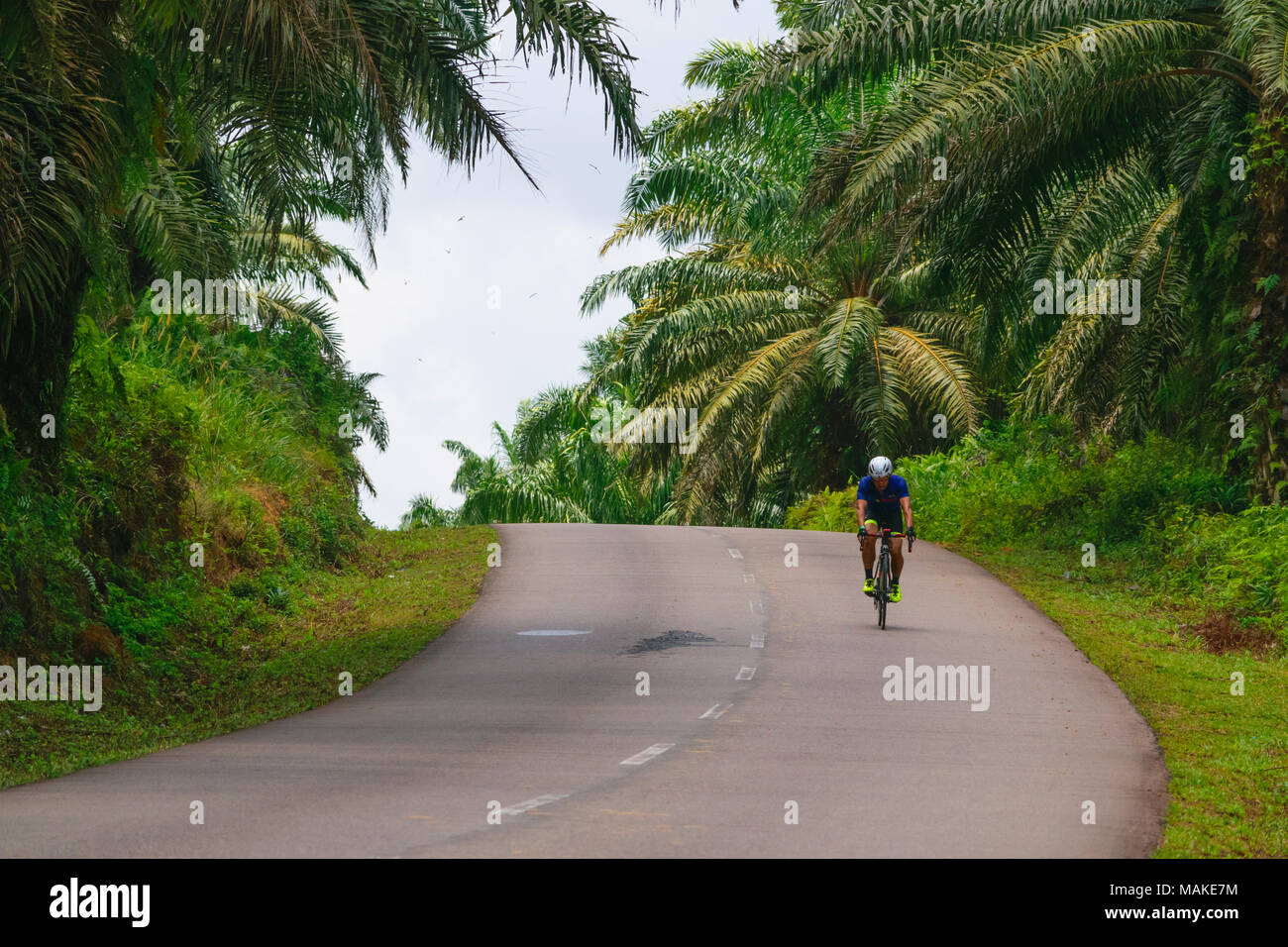 März 24, 2018 - Radfahrer Teilnehmer Tour de Bintan 2018 (144 km) Fahrt über die Plantagen und Toapaya Galang batang, Bintan Island - Indonesien Stockfoto