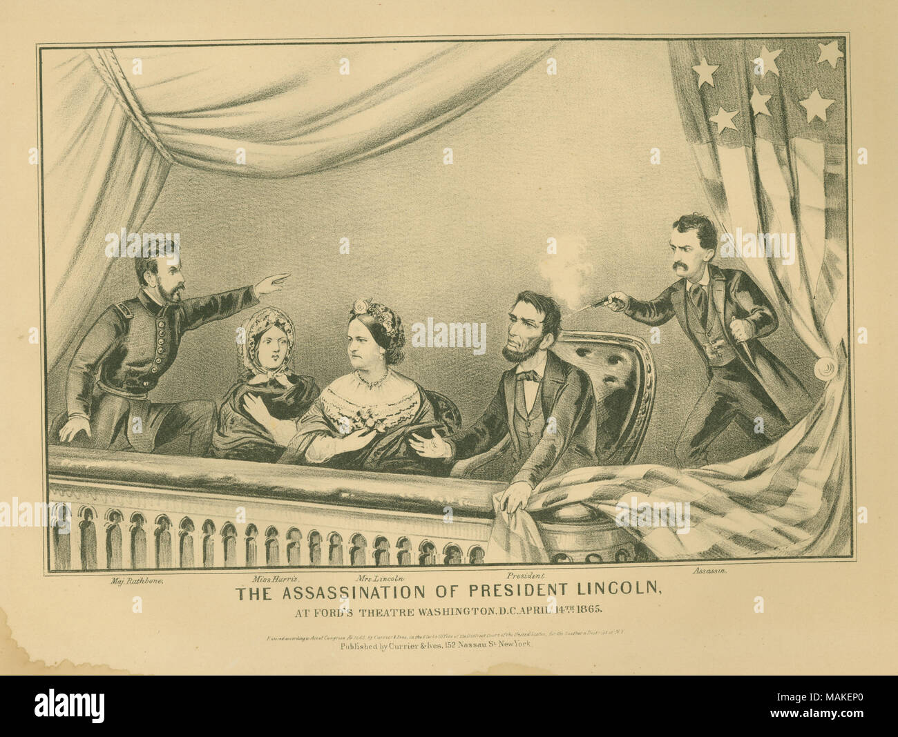 Drucken der Balkon am Ford's Theater mit Maj Rathbone, Miss Harris, Frau Lincoln, Präsident Lincoln und John Wilkes Booth, im Bild mit dem Titel 'Assassin. 'Rathbone steht und zeigen, während die zwei Frauen sitzen. Stand hält einen Dolch und eine Pistole, die gefeuert wurde, während Lincoln wird vorwärts zu Abstürzen. "Die Ermordung von Präsident Lincoln, BEI FORD'S THEATER IN WASHINGTON, DC, 14. APRIL 1865.' (Abbildung unten). Titel: "Die Ermordung von Präsident Lincoln, bei Ford's Theater in Washington, DC, 14. April 1865.". 1865. Stockfoto