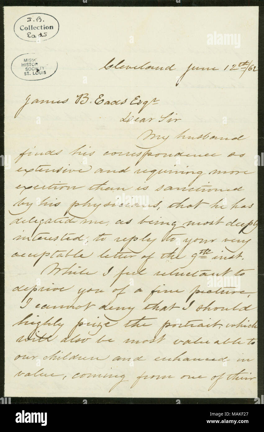 Brief von Caroline A. Foote zu Jak. B. in der Eads, 12. Juni 1862. 12. Juni 1862. Foote, Caroline Augusta Straße,-1863 Stockfoto