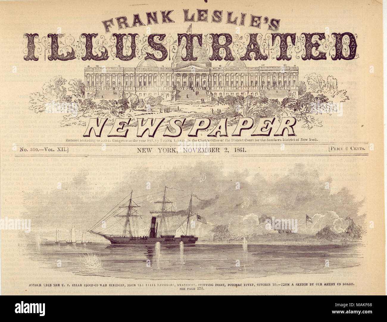 Drucken von einem Segelschiff im Vordergrund und eine Confederate Flag am Ufer im Hintergrund. "Attacke [?] AUF DEN US SLOOP-von-KRIEG SEMINOLE, von [unleserlich] VERSANDSTELLE, Potomac River, am 15. Oktober. - Aus einer Skizze DURCH UNSERE KÜNSTLER AN BORD. Siehe Seite 375.' (Abbildung unten). Deckblatt von Frank Leslie's Illustrierte Zeitung, Nr. 310, Bd. XII, 2. November 1861. Titel: "Angriff auf die US Dampf Sloop-von-Krieg Seminole, aus dem [unleserlich] Versandstelle, Potomac River, am 15. Oktober.'. 2. November 1861. Stockfoto