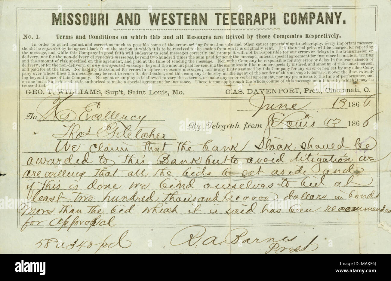 Telegramm von r.a. Barnes zu Thos. C. Fletcher, 13. Juni 1866. 13. Juni 1866. Barnes, Robert Augustus, 1808-1892 Stockfoto