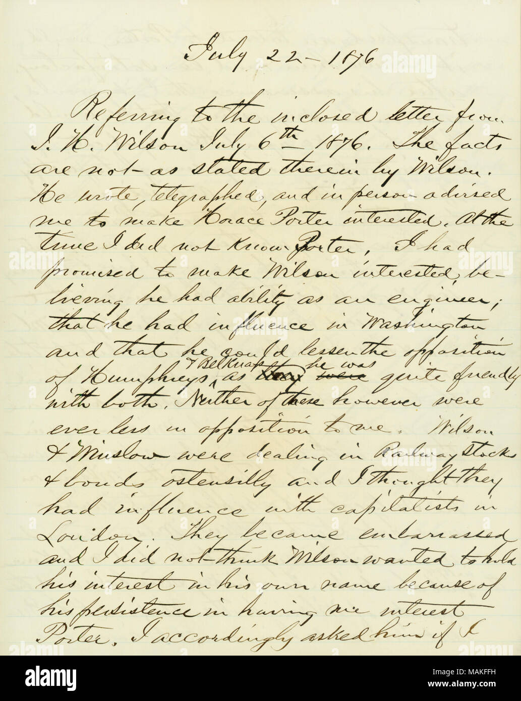 Erklärung von Jak. B. in der EADS im Zusammenhang mit der Zuordnung von Interesse. 22. Juli 1876. Eads, James Buchanan, 1820-1887 Stockfoto