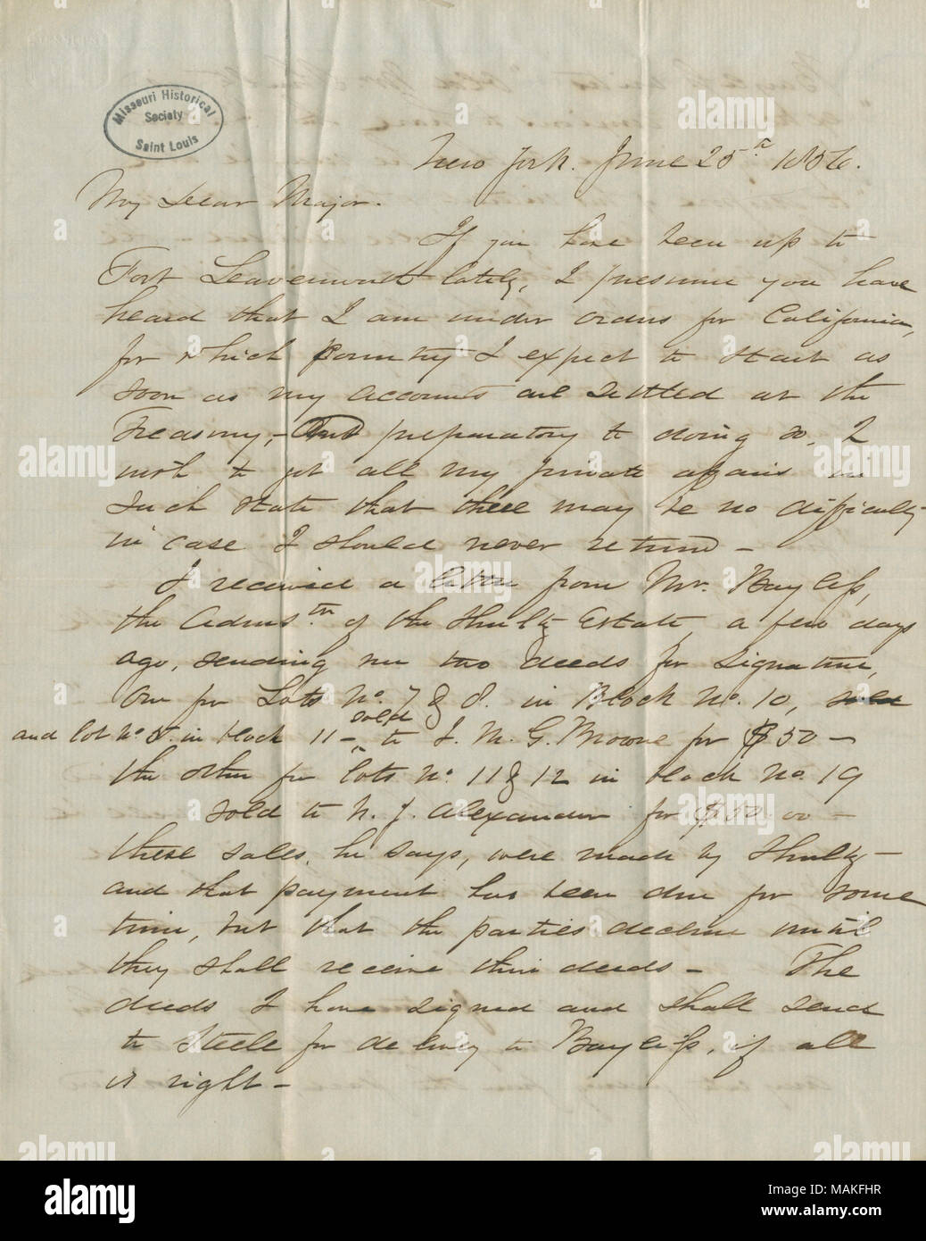 Staaten", dem Kansas-Nebraska Act ist ein nur ein und es ist schade, dass es nicht im rechten Geist hätte durchgeführt werden können." Titel: Schreiben signiert Tho. Schwerter Schwerter [Thomas], New York, zu Major John Dougherty, 25. Juni 1856. 25. Juni 1856. Schwerter, Thomas Stockfoto