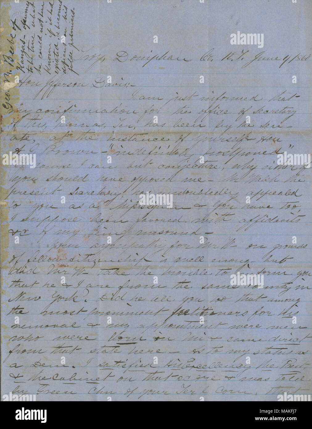 In Bezug auf politische Fragen in Kansas Territory, Bemühungen der letzten Legislaturperiode eine persönliche Freiheit Rechnung zu übergeben, und eine Rechnung, die Sklaverei verbot. Verteidigt seine Position als Demokrat. Titel: Brief von Geo. M. in Beebe, Troy, Doniphan Co., Kan. Territorium, zu Jefferson Davis, 9. Juni 1860. Vom 9. Juni 1860. Beebe, George M. Stockfoto
