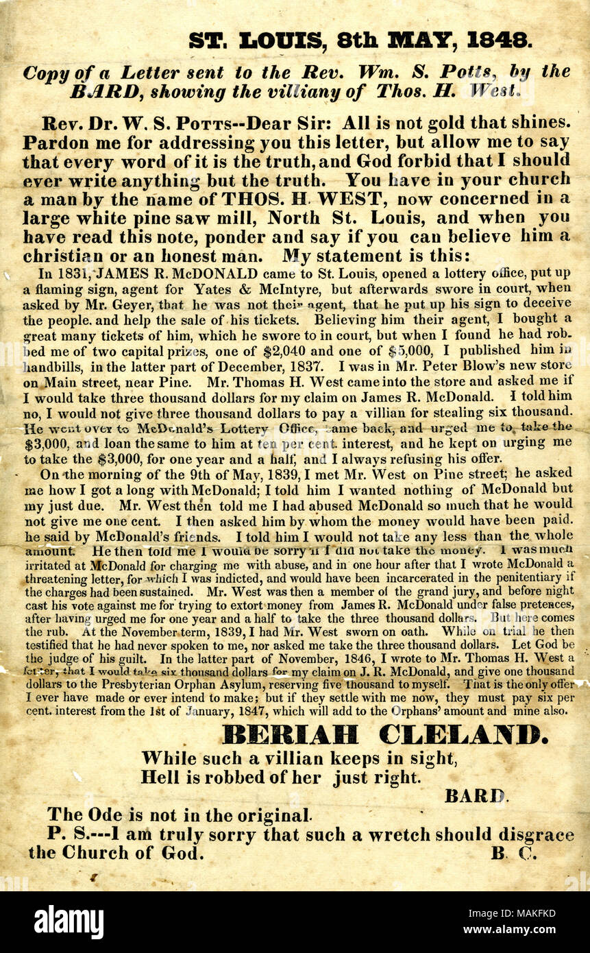Erklärt Beria Cleland's Streit mit Thomas H. West und James R. McDonald über Preisgeld, Cleland von McDonald?s Lotterie Büro gewonnen hatte. Titel: veröffentlichte Kopie eines Schreibens von beria Cleland, St. Louis, um Pfr. Dr. W.S. Potts, 8. Mai 1848. 8. Mai 1848. Cleland, Beria Stockfoto