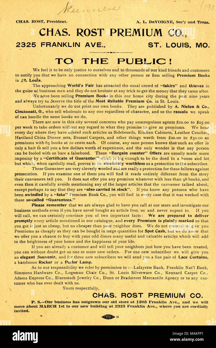 Chas. Rost [Charles Rost], Präsident; A.L. DeVoigne, Sekretär und Schatzmeister. Titel: Werbung Rundschreiben des Chas. Rost Premium Co., 2325 Franklin Avenue (früher 1205 Franklin Ave.), Ca. 1902. ca. 1902. Stockfoto